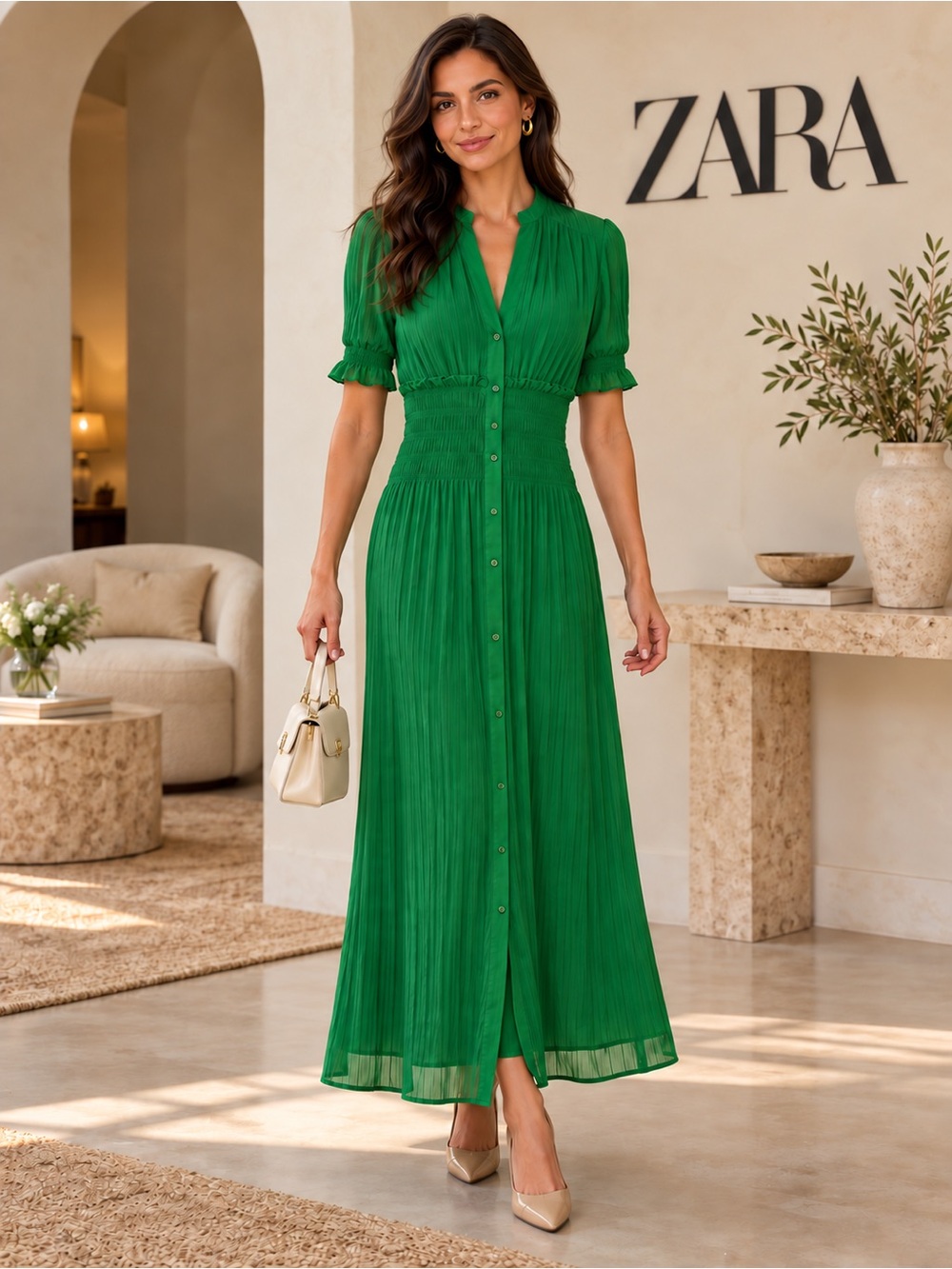 Zara Green Pleated Midi Shirt Dress XS Smocked Waist Button Front